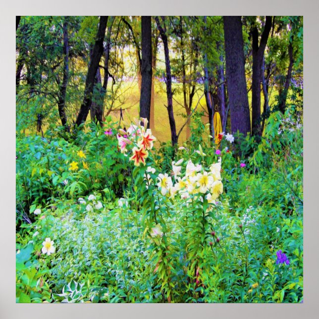 Bright Sunrise med Träd Lilies in My Rubio Garden Poster (Framsidan)