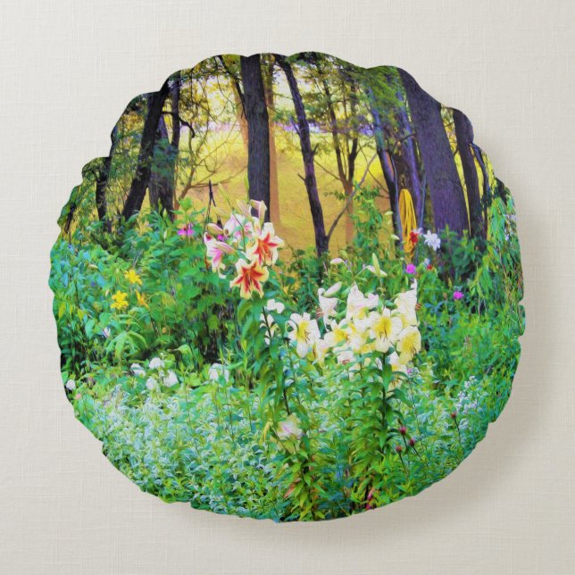 Bright Sunrise med Träd Lilies in My Rubio Garden Rund Kudde (Framsidan)