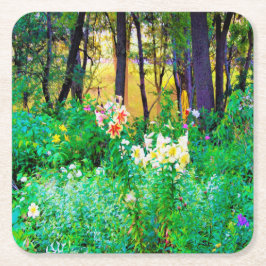 Bright Sunrise med Träd Lilies in My Rubio Garden Underlägg Papper Kvadrat