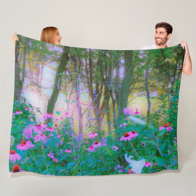 Bright Sunrise with Rosa Coneflowers in My Garden Fleecefilt (På plats)