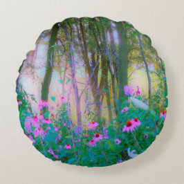 Bright Sunrise with Rosa Coneflowers in My Garden Rund Kudde