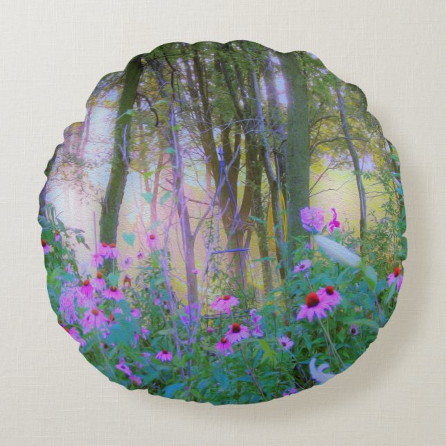 Bright Sunrise with Rosa Coneflowers in My Garden Rund Kudde (Framsidan)