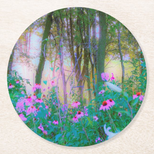 Bright Sunrise with Rosa Coneflowers in My Garden Underlägg Papper Rund (Framsidan)