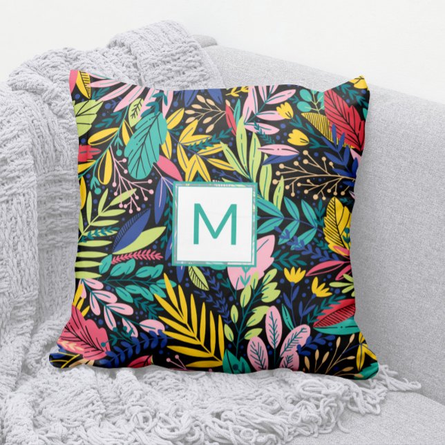 Bright Teal Monogram Modern Löv Line Art Kudde (Modern Bright and Colorful Cheery Leaves Pattern Pillow with Teal Monogram)