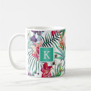 Bright Tropical Blommönster med Monogram Kaffemugg