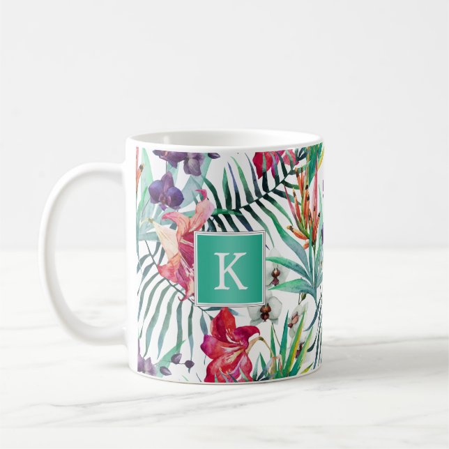 Bright Tropical Blommönster med Monogram Kaffemugg (Vänster)