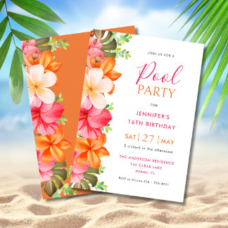 Bright Tropical Floral Birthday Pool Party  Inbjudningar