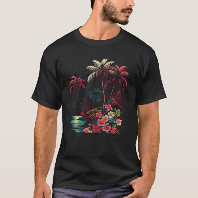 Bright Tropical Island Summer Palm Trees Flowers G T Shirt (Framsida)