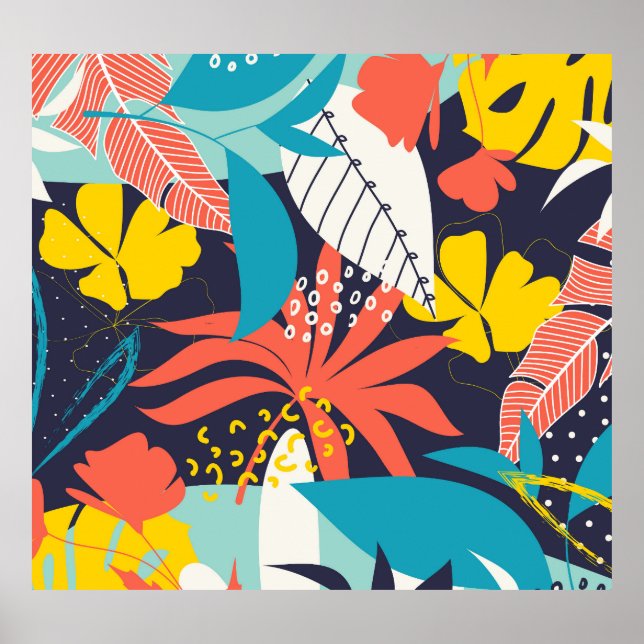 Bright Tropical Löv Mörk Mönster Poster (Framsidan)