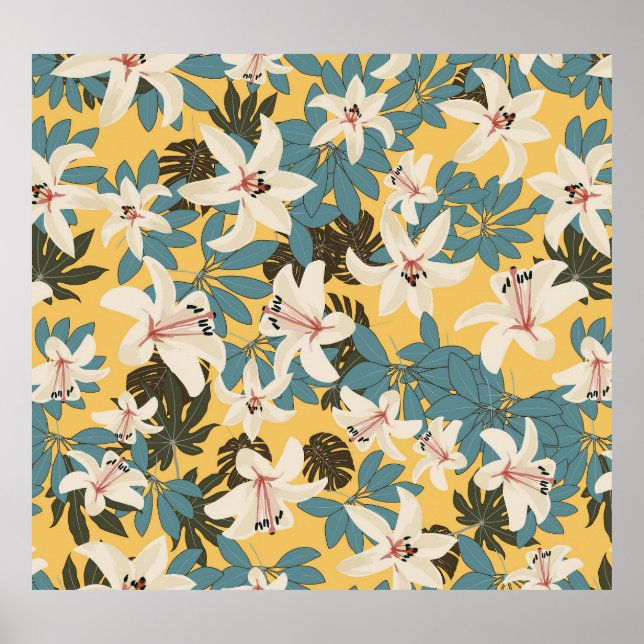 Bright Tropical Lövs Lily Mönster Poster (Framsidan)