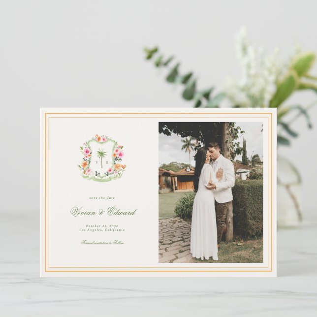 Bright Tropical Palm Tree Crest Beach Wedding Spara Datumet (Stående Fram)