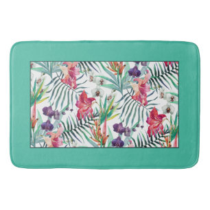 Bright Tropiskt Blommönster med Aqua Gräns Badrumsmatta