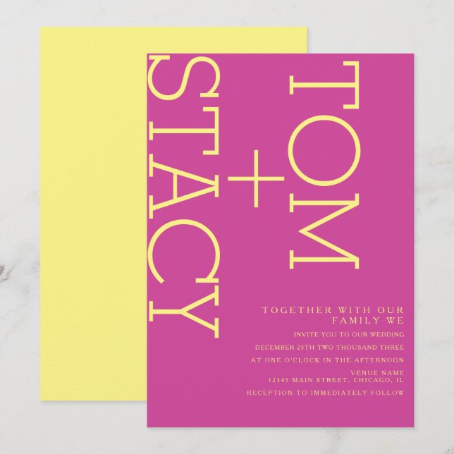 Bright Typografi Xtra-fet Rosa Gult Bröllop Inbjudningar (Fram/baksida)