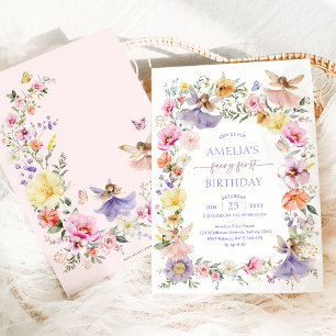 Bright Vår Wildblomma Fairy First Birthday Inbjudningar