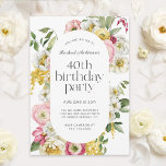 Bright Watercolor Blommigt 40:e födelsedagen Party Inbjudningar<br><div class="desc">Ett vackert feminin födelsedagsfest inbjudan med en elegant vattenfärgsfärgad blommigt ram i glansigt färg av gult, rosa, vitt och grönt gör att inbjudan dyker upp med snyggt charm. Trendig ansikte-par innehåller en chic i nedre fodral-teckensnitt parad med modern sans serif. Den hedersgästen namn är skriven i ett feminin-skript. Anpassa textmallen...</div>
