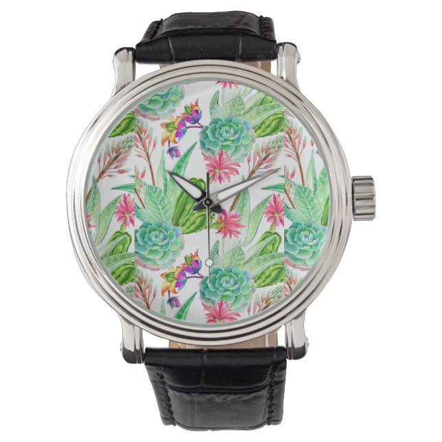 Bright Watercolor Cactus & Succulent Mönster Armbandsur (Framsida)