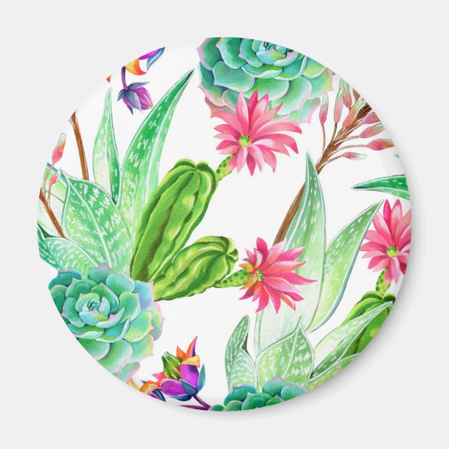 Bright Watercolor Cactus & Succulent Mönster Magnet (Framsidan)