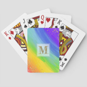 Bright Watercolor Rainbow och Guld Monogram Casinokort