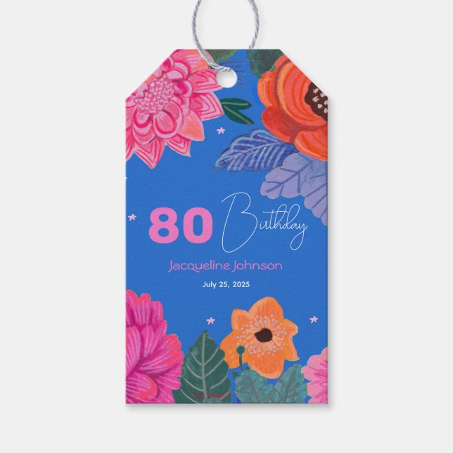 Bright Wildblommors Rosa Blue-Födelsedagsfest Presentetikett (Framsidan)