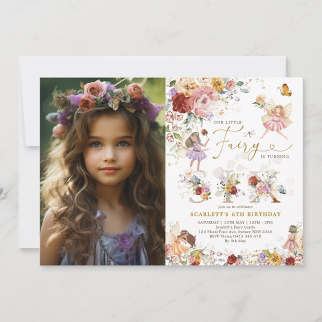 Bright Wildflower Fairy Garden 6th Birthday Photo Inbjudningar (Framsida)
