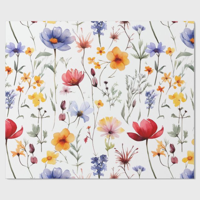 Bright Wildflower Meadow in Watercolor Pastel Tone Presentpapper (Platt)