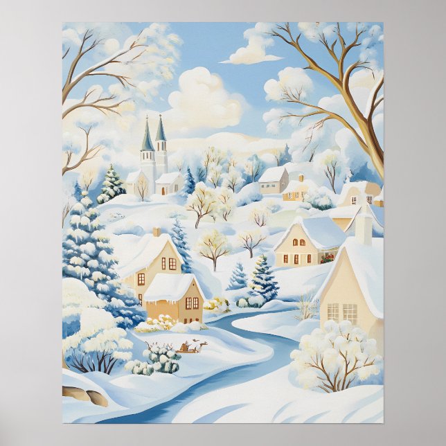 Bright Winter Village with Snowy Hills and Trees Poster (Framsidan)