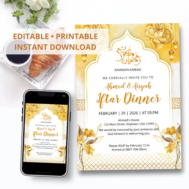 Bright Yellow Floral & Gold Arch Ramadan Iftar Inv Inbjudningar (Skapare uppladdad)