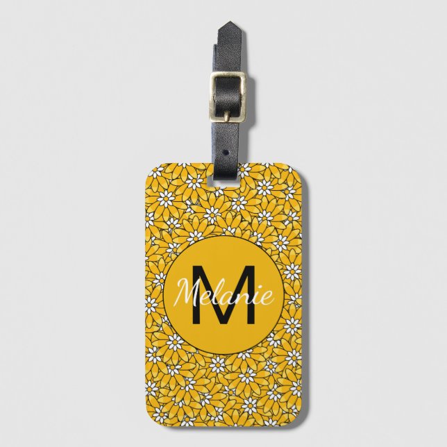 Bright Yellow Floral Pattern Personalised Bagagebricka (Framsida vertikal)