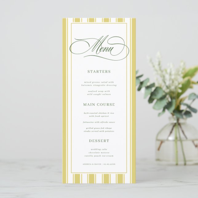 Bright Yellow Green Zesty Stripes Classic Wedding Meny (Stående Fram)