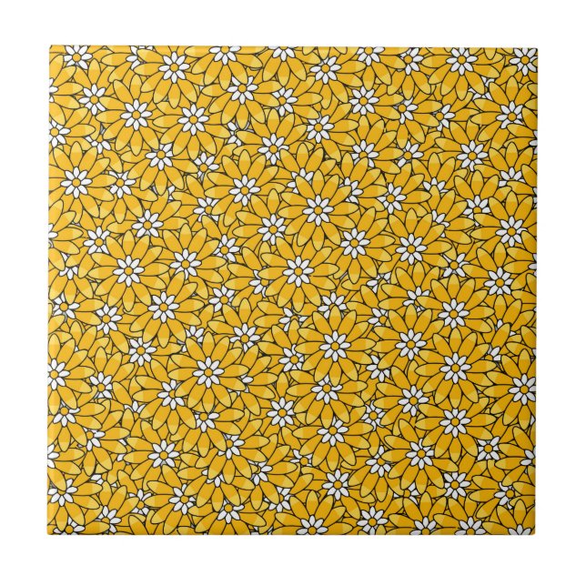 Bright Yellow Overlapping Floral Pattern Kakelplatta (Framsidan)