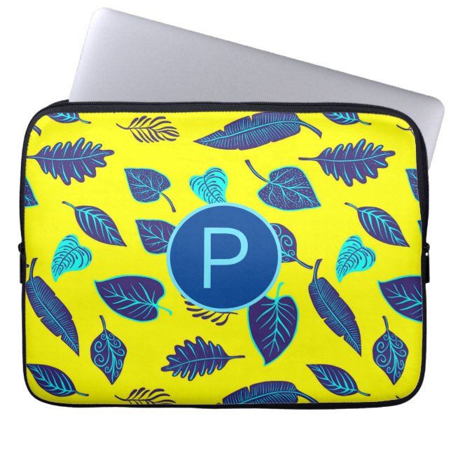 Bright Yellow Tropical Leaf Pattern Monogram Laptop Fodral (Framsidan)
