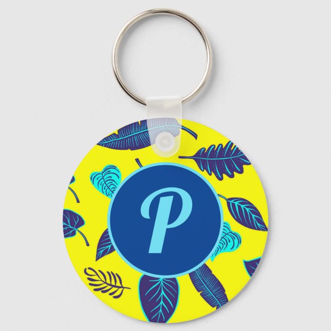 Bright Yellow Tropical Leaf Pattern Monogram Nyckelring (Framsida)