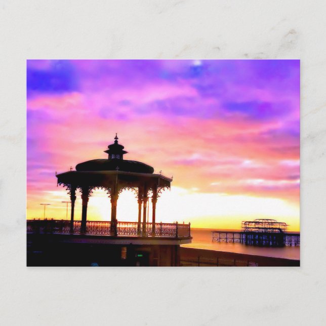 Brighton Bandstand och Väster Pier med solnedgång Vykort (Framsida)