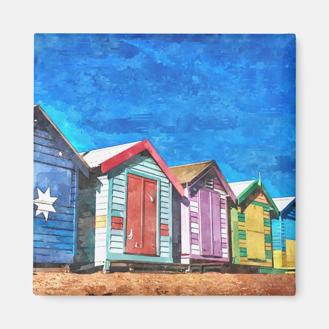 Brighton Bathing Boxes Watercolor Painting Magnet (Framsidan)