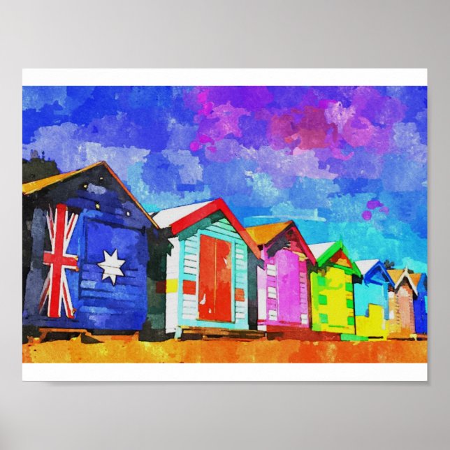 Brighton Bathing Boxes Watercolor Painting Poster (Framsidan)