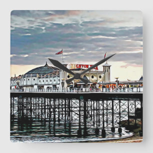 Brighton Pier & Cloudy Himlar Digital Painting Fyrkantig Klocka