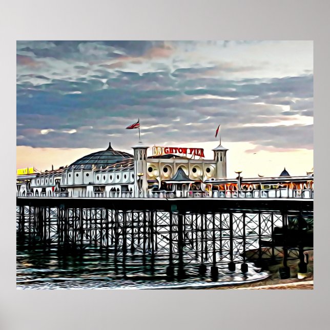Brighton Pier & Cloudy Himlar Digital Painting Poster (Framsidan)