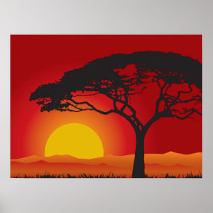 Briliiant röd solnedgång under Bonsaiträd Poster