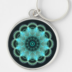 Briljantstjärna fractal mandala rund silverfärgad nyckelring