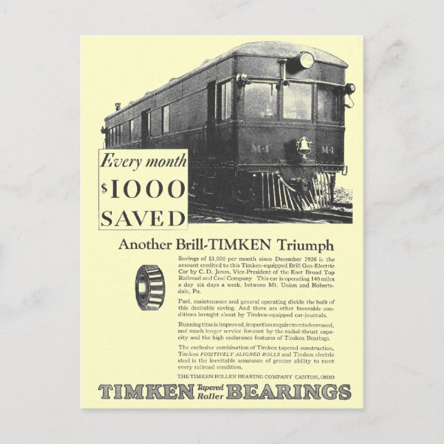 Brill Company 1926 M-1 Gas Electric Car Postcard Vykort (Framsida)