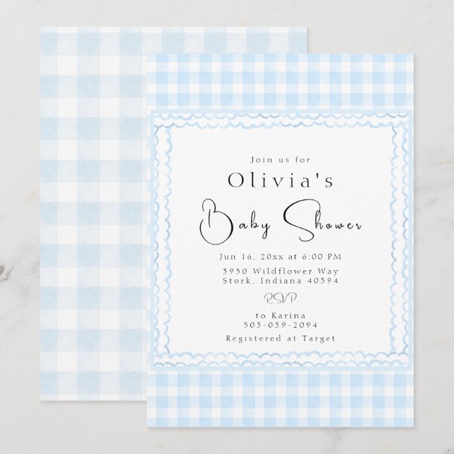 Brilliant Blue Gingham Baby Shower Inbjudningar (Fram/baksida)