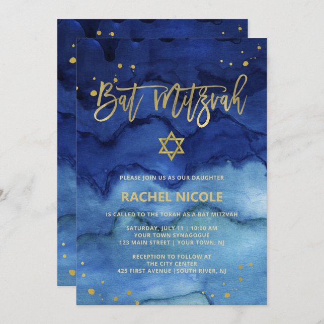Brilliant Blue och Faux Guld Bat mitzvah Inbjudningar (Fram/baksida)