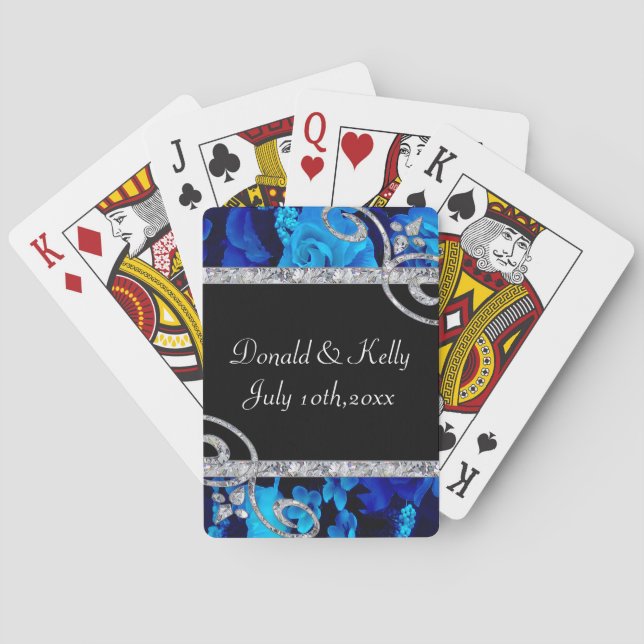 Brilliant Blue Ro & Diamond Swirls Bröllop Casinokort (Baksidan)
