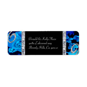 Brilliant Blue Ro & Diamond Swirls Bröllop Returadress Etikett
