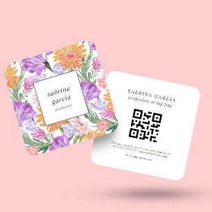 Brilliant Flowers Violet Blue orange QR-kod Fyrkantigt Visitkort