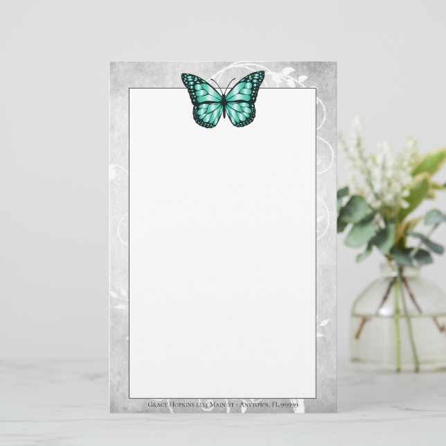Brilliant Teal Butterfly Stationery Brevpapper (Stående Fram)