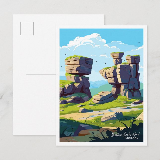 Brimham Rocks Head England Vintage illustration Vykort (Fram/baksida)