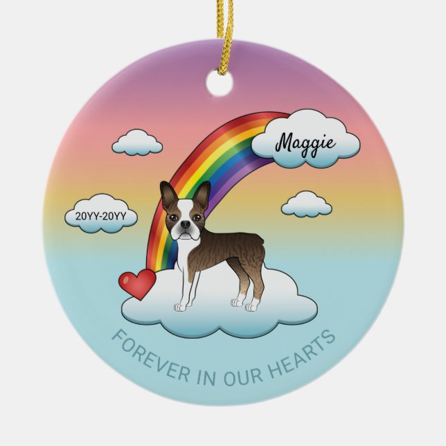 Brindle and White Boston Terrier Rainbow Memorial Julgransprydnad Keramik (Framsidan)