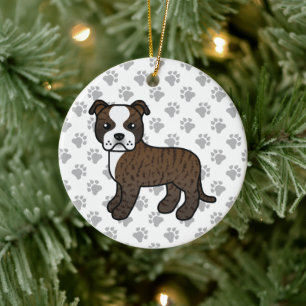 Brindle and White Stafford Bull Terrier Hund Julgransprydnad Keramik