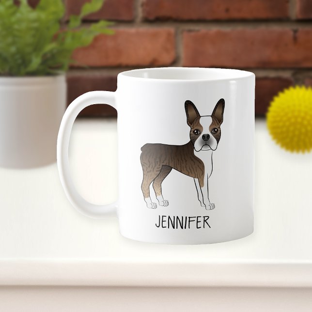 Brindle Boston Terrier Cute Tecknad hund & Namn Kaffemugg (Skapare uppladdad)